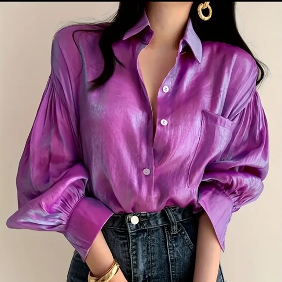 NWT Unbranded pinkish purple metallic button down blouse. Sz. Extra Large. - Picture 1 of 9